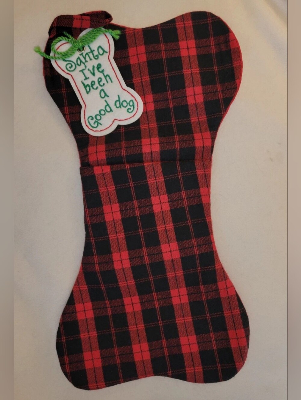 Dog Christmas Stocking Red Black Plaid With Embroidered Design